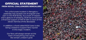 RCB Pledges ₹10L Aid, Launches 'RCB Cares' Fund